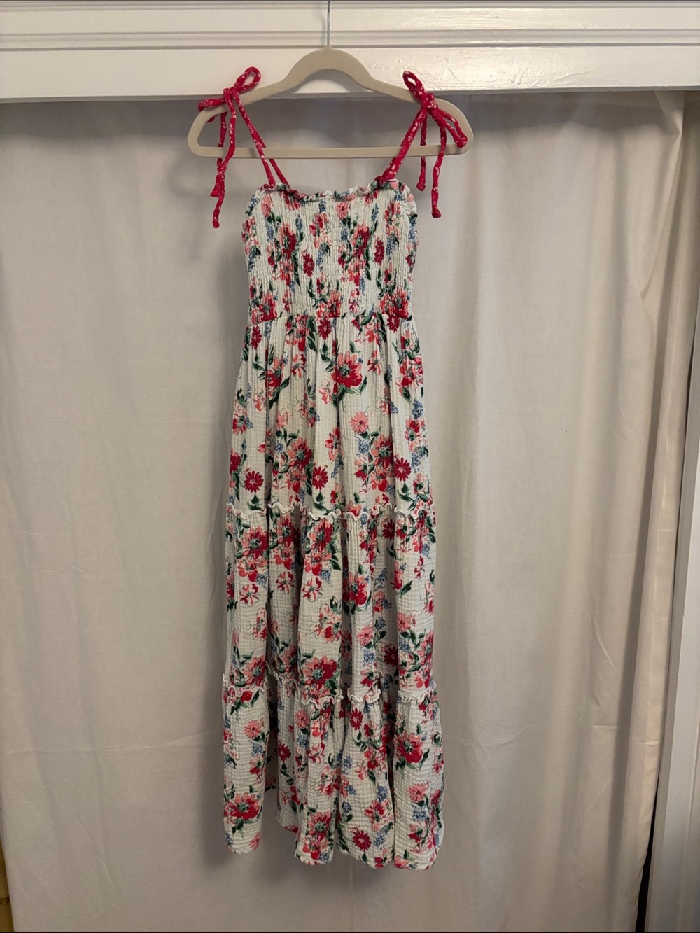 SweetHoney White Floral Smocked Maxi Dress with Pink Tie Straps